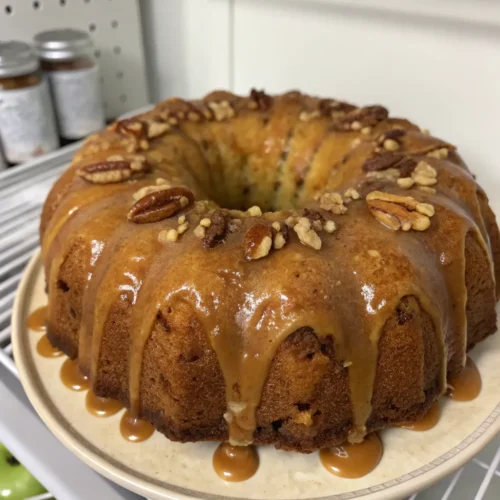 a golden brown apple cake baked in a bundt pan pl