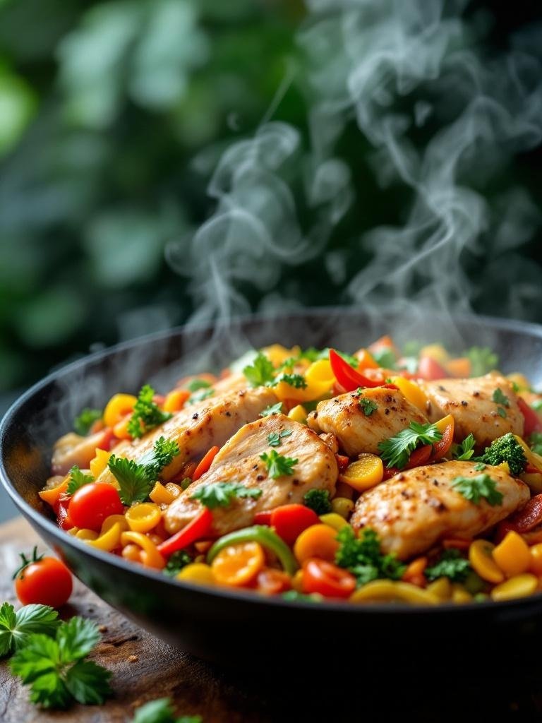 A colorful chicken and vegetable stir-fry in a black bowl with steam rising.