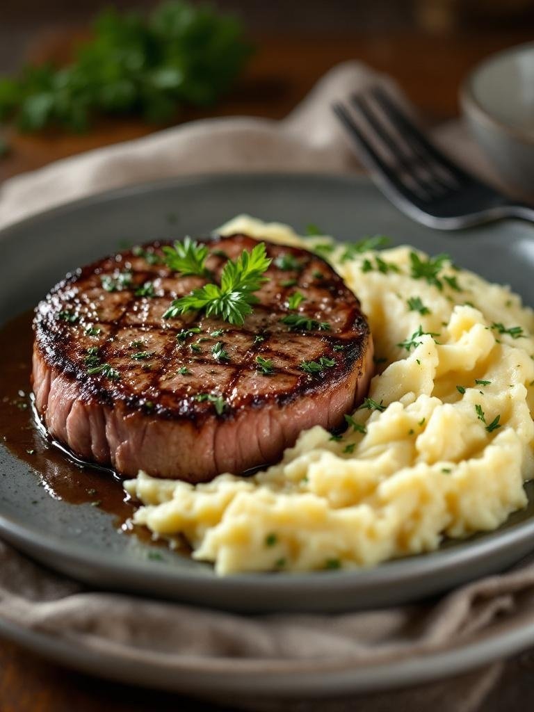 A plate of herb-crusted round steak served with creamy garlic mashed potatoes, garnished with fresh herbs.