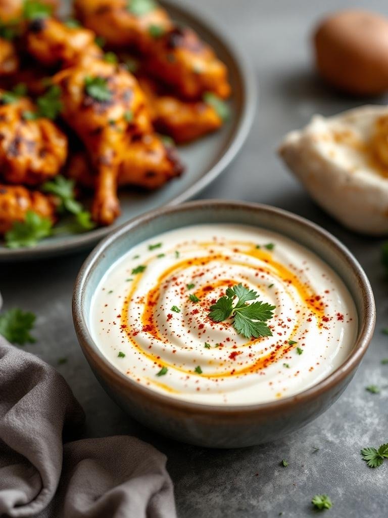 A bowl of creamy yogurt tandoori marinade with grilled chicken pieces in the background.