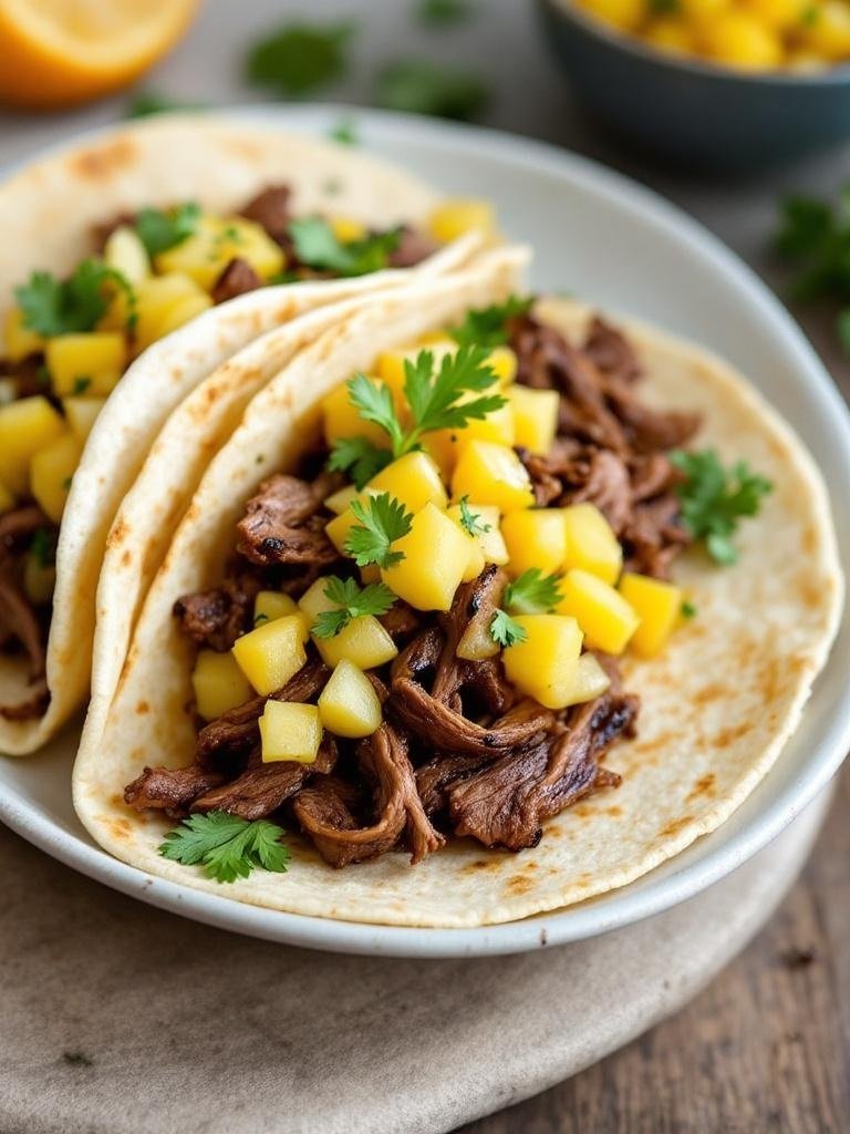 Smoky brisket tacos topped with pineapple salsa and fresh cilantro