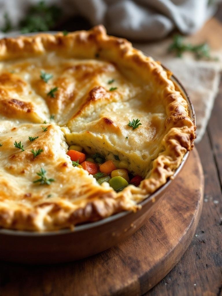 A golden brown turkey pot pie with vegetables, freshly baked and ready to serve.