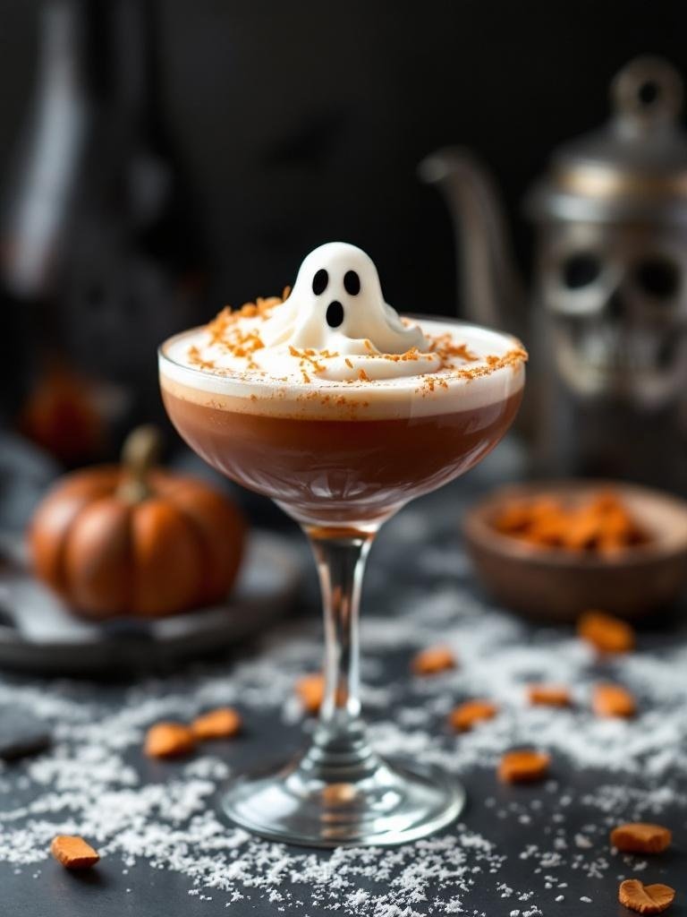 A Halloween cocktail with a ghostly whipped cream topping and crushed cookies, set against a dark background.