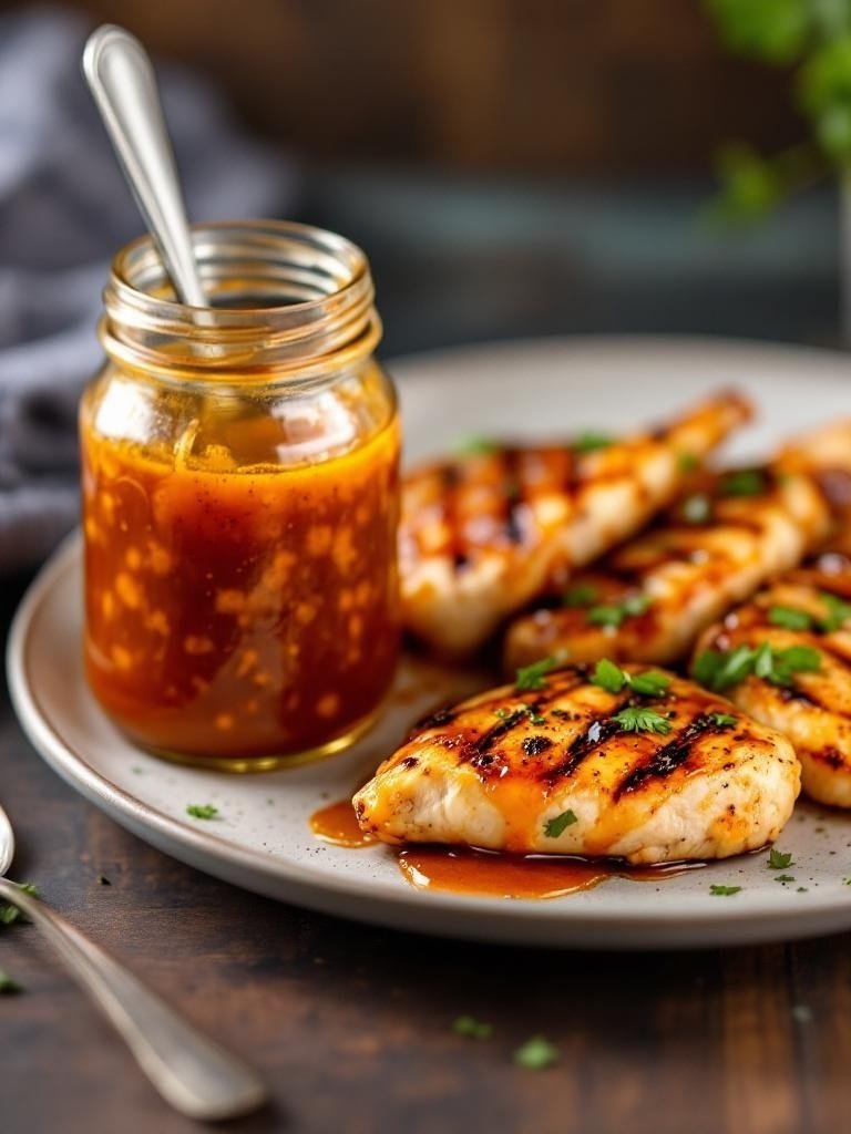A plate of grilled chicken breasts with a jar of spicy honey garlic marinade.