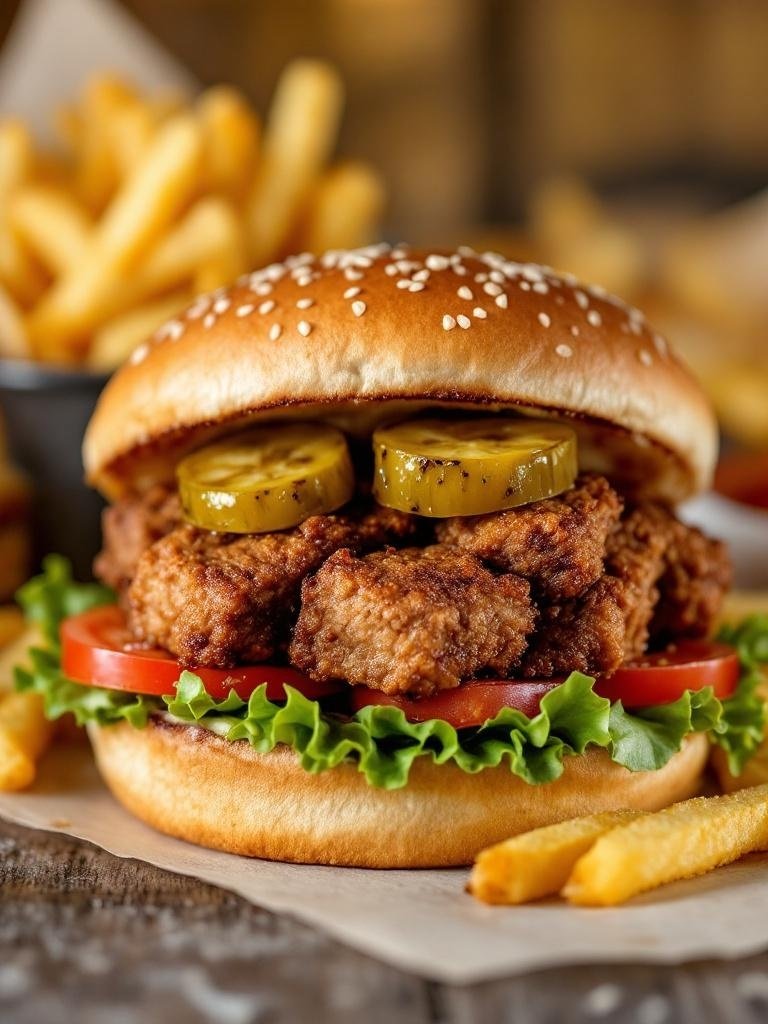 4 Irresistible Ways To Cook Cubed Steak 3 A delicious crispy fried cubed steak sandwich with lettuce, tomato, and pickles, served with fries.