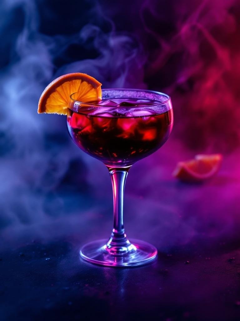 A vibrant cocktail featuring spiced rum and blood orange, set against a smoky purple background.