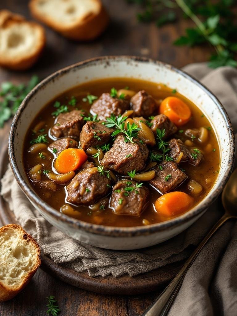 4 Irresistible Ways To Cook Cubed Steak 5 A bowl of slow-cooked cubed steak in onion soup with carrots and fresh herbs, served with crusty bread.