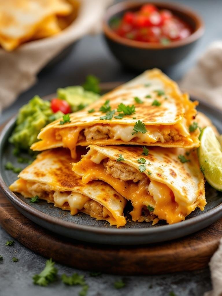 Delicious chicken quesadillas with melted cheese, garnished with cilantro, served with lime, guacamole, and salsa.