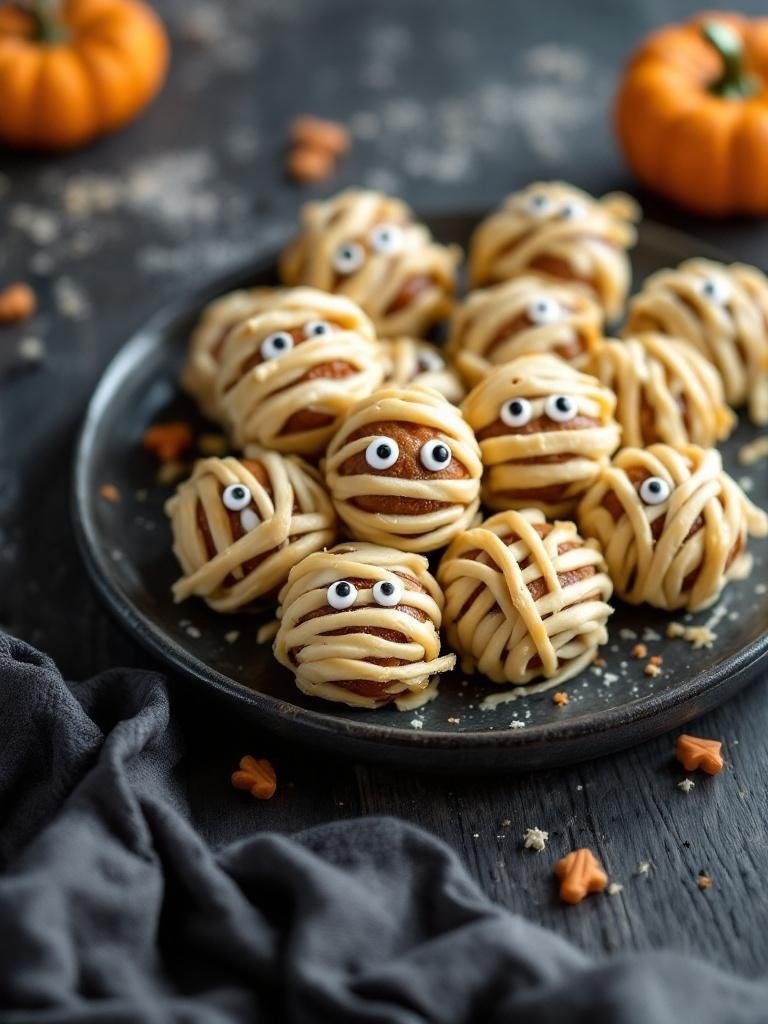 7 Best Spooky Halloween Party Appetizers 6 A plate of mummy meatballs wrapped in dough with googly eyes, perfect for Halloween.