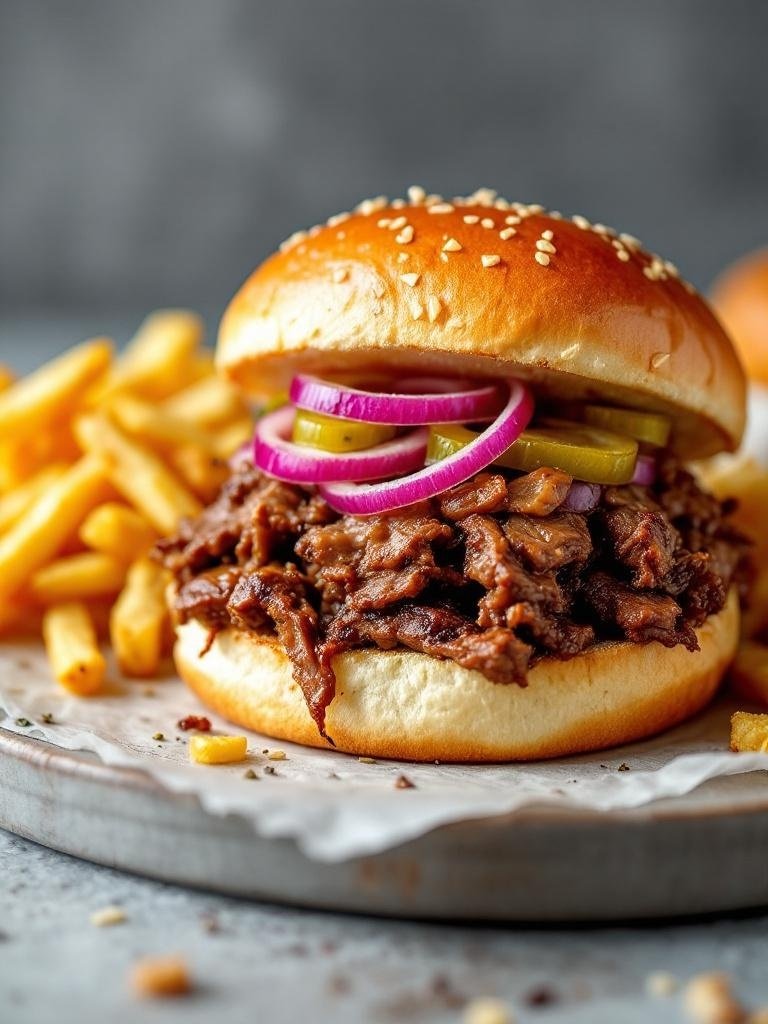 A delicious brisket sandwich topped with pickled onions and served with fries.