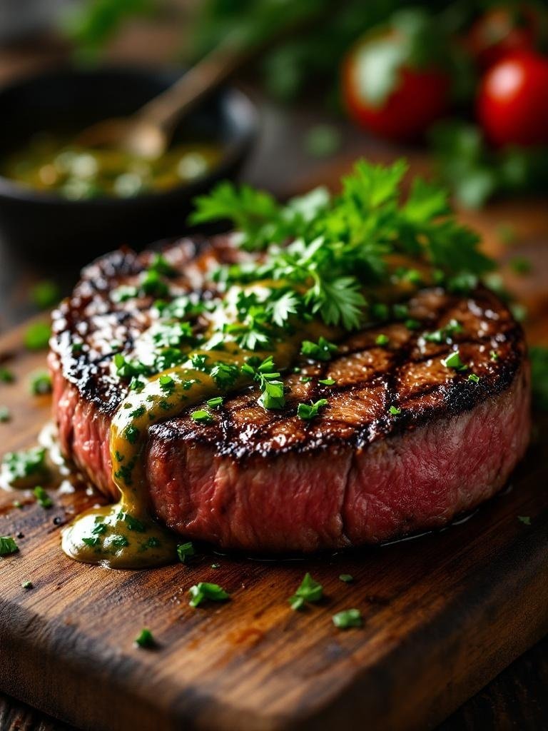 Grilled round steak topped with chimichurri sauce and fresh herbs on a wooden cutting board.