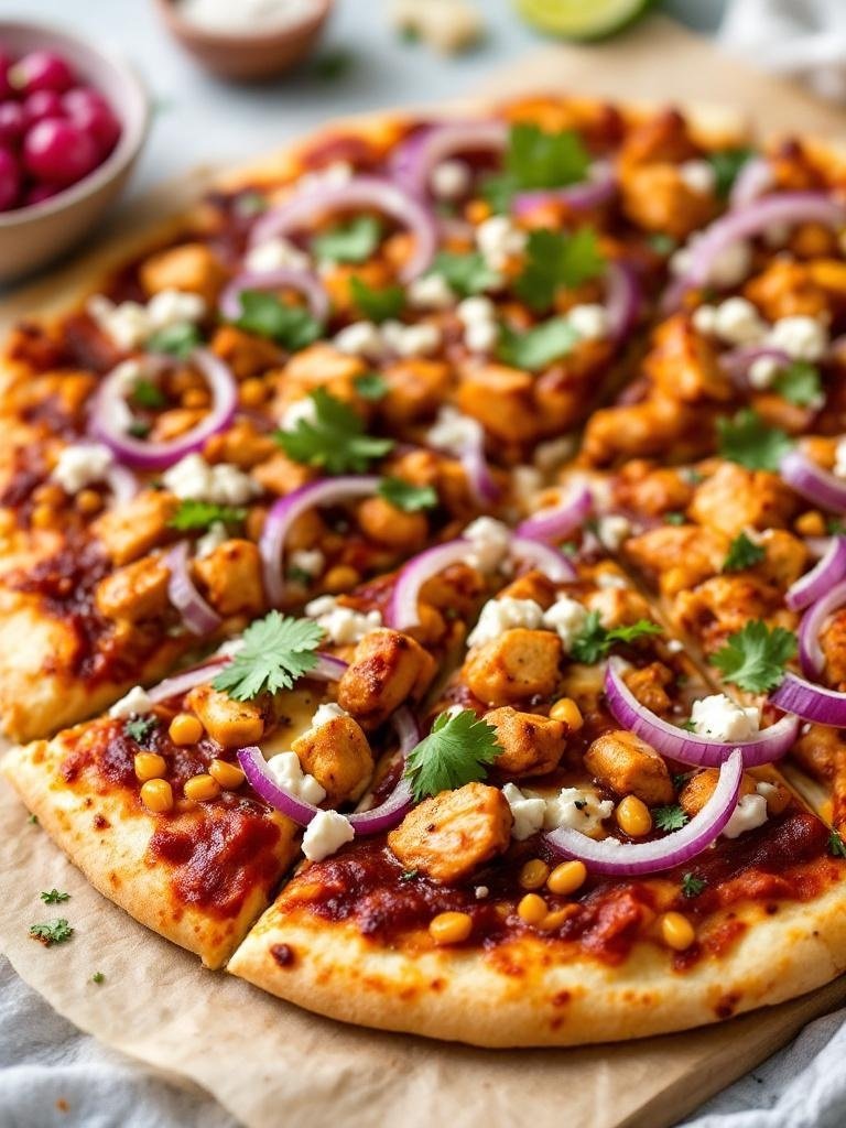 BBQ chicken pizza topped with red onions and cilantro