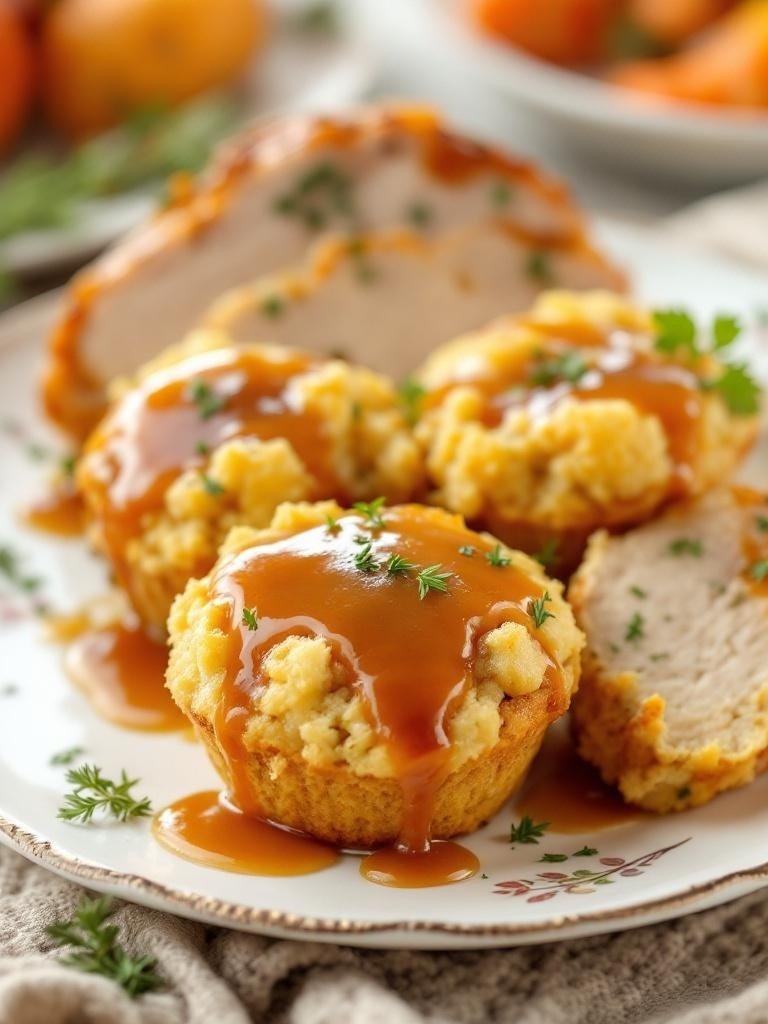 Turkey and stuffing muffins topped with gravy on a plate