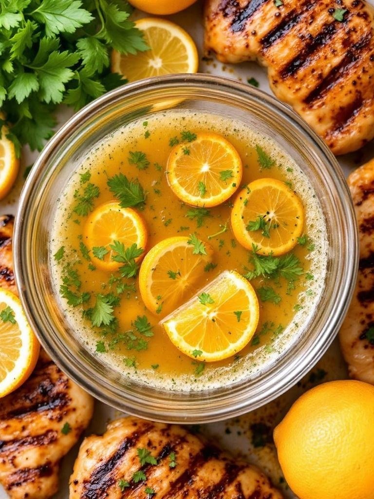 A bowl of zesty citrus herb marinade with lemon slices and grilled chicken breasts.
