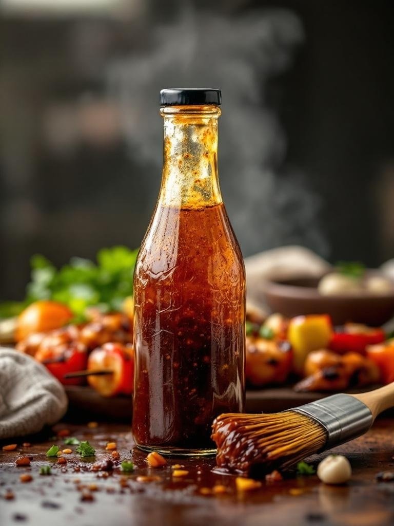 A bottle of teriyaki marinade with a brush, surrounded by colorful grilled vegetables.