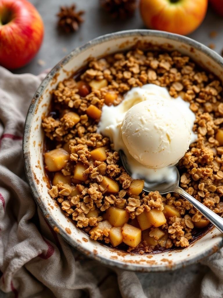 A warm apple crisp topped with a scoop of vanilla ice cream, surrounded by fresh apples and pine cones.