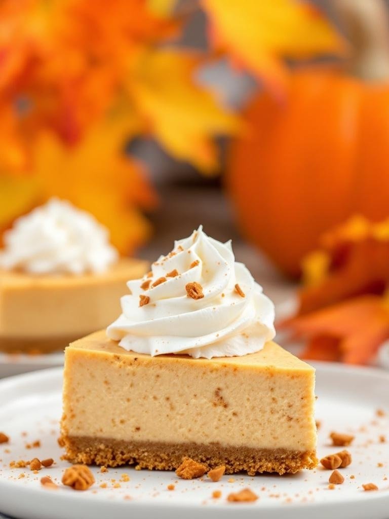 Pumpkin spice cheesecake bars with whipped cream on a plate, surrounded by autumn leaves and a pumpkin.