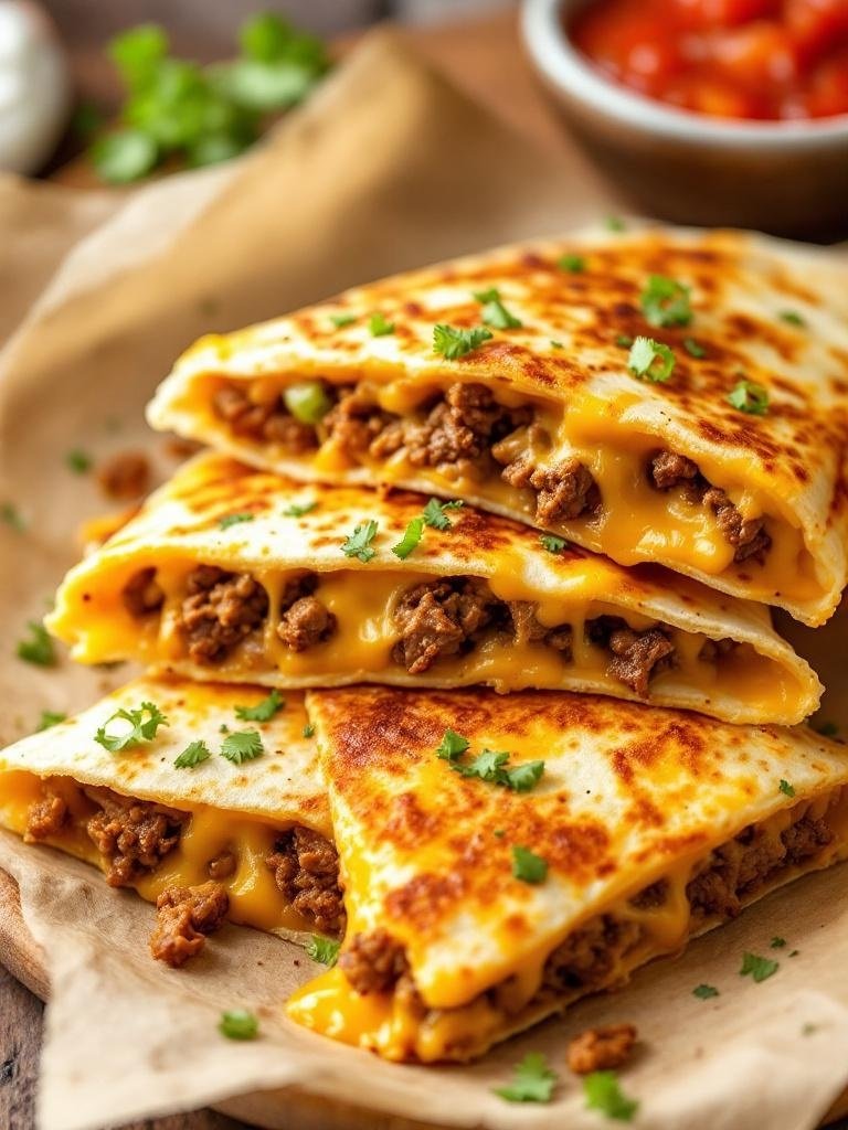 Delicious brisket quesadillas with melted cheese, garnished with cilantro, served with salsa.