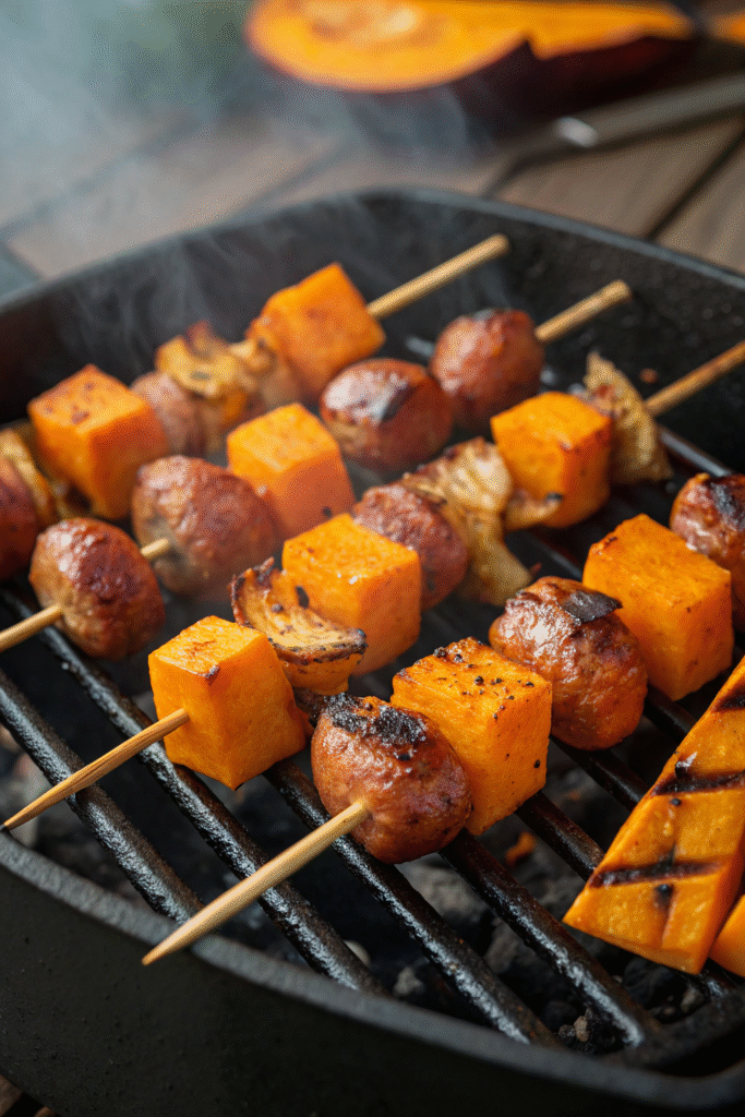 5 Fall Grilling Recipes To Warm Up The Chilly Season 4 Grilled pumpkin and sausage skewers on a barbecue with a pumpkin in the background.