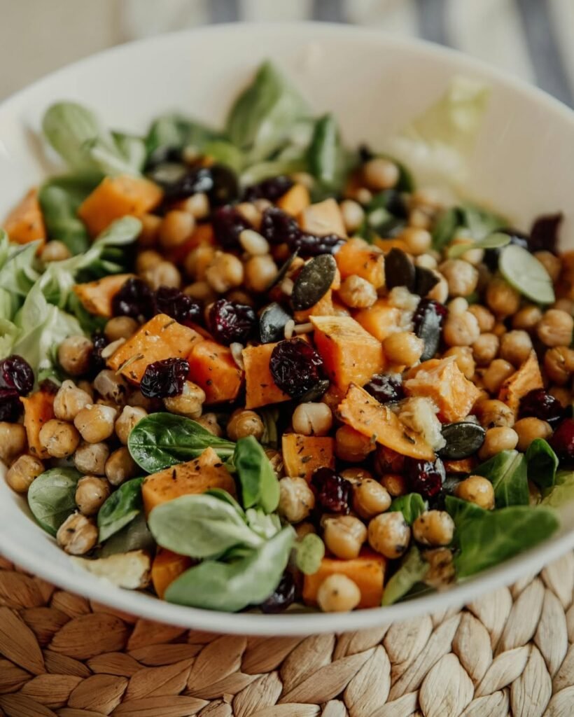 A bowl of chickpeas with sweet potatoes and herbs on a wooden surface.