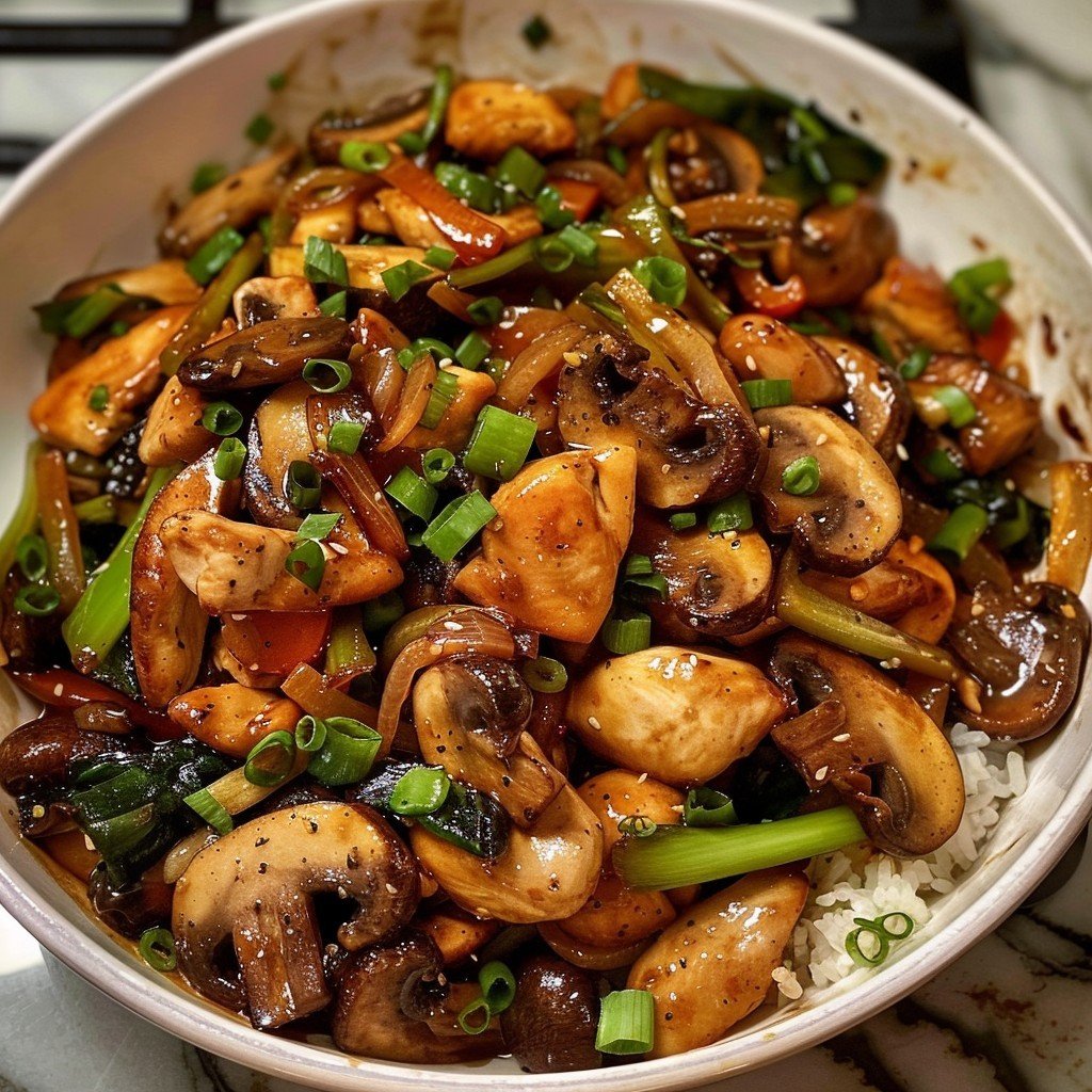 A colorful chicken and mushroom stir-fry with broccoli and red peppers in a skillet.