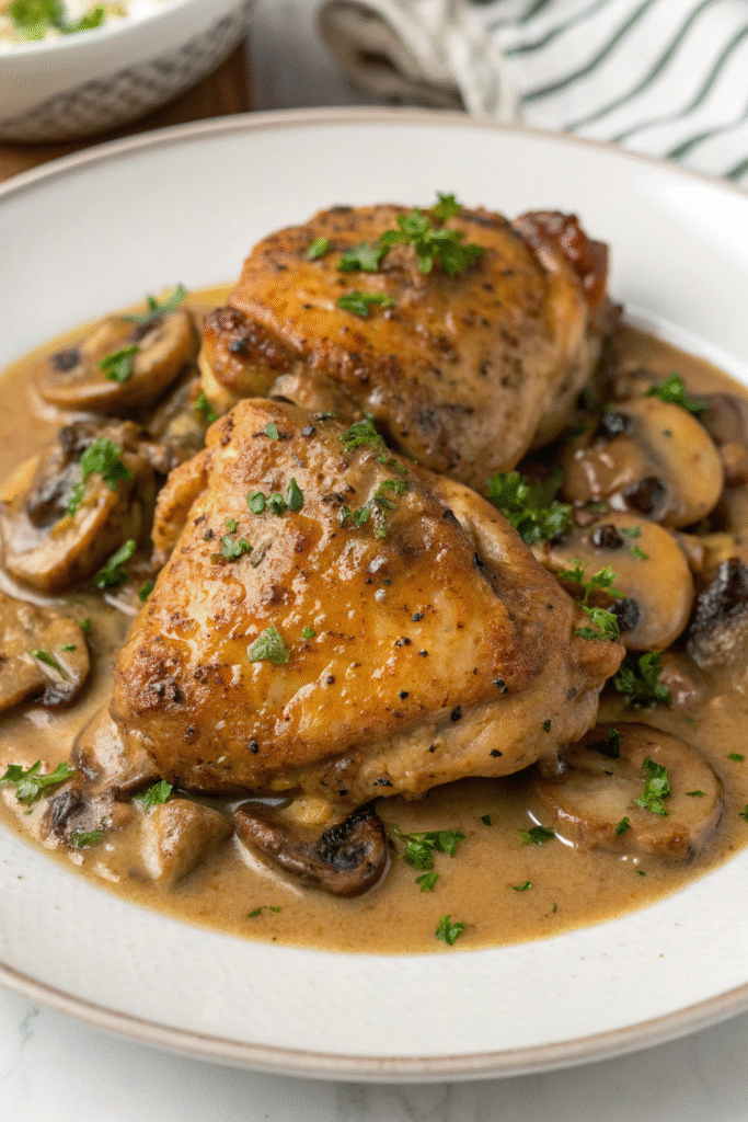 Baked chicken thighs with mushroom gravy served on a plate