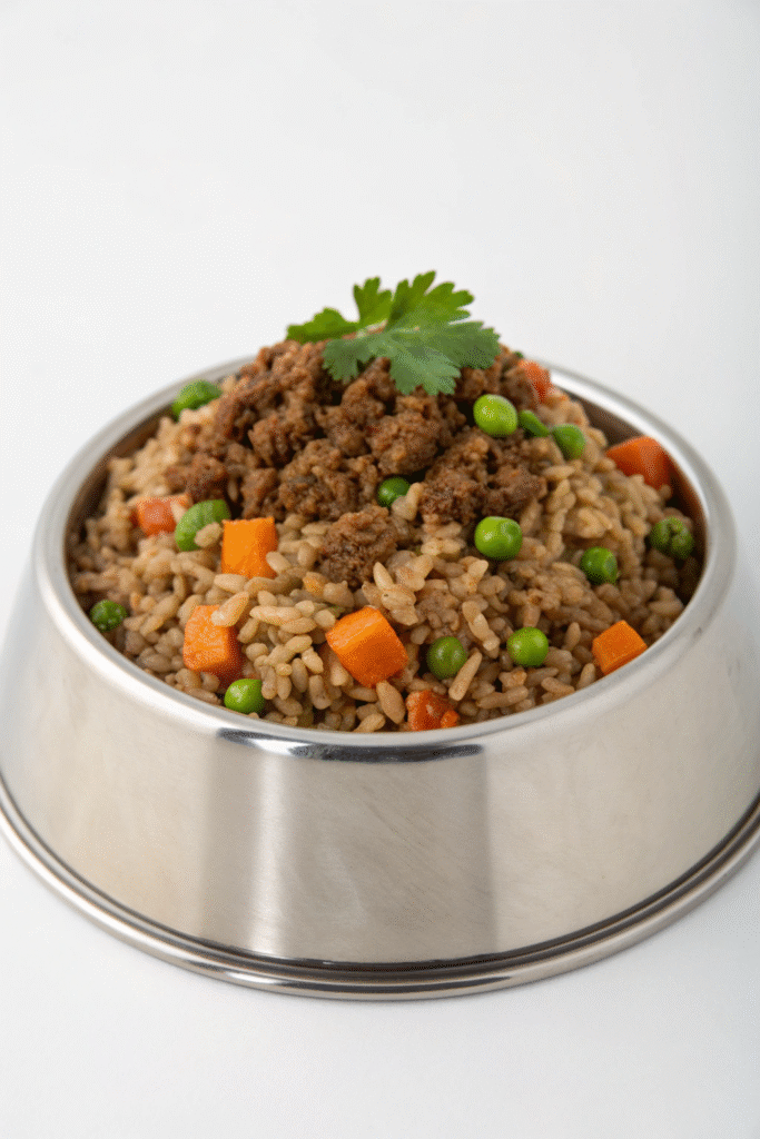 A bowl of dry dog food with beef and vegetables, with a curious puppy nearby.