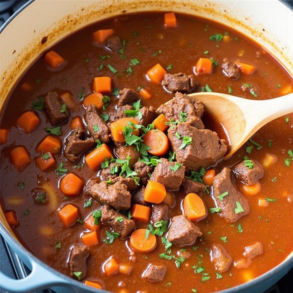 7 Fall Dinner Ideas To Warm Up Your Evenings 7 A bowl of hearty braised beef stew with root vegetables, garnished with parsley, served with slices of bread.