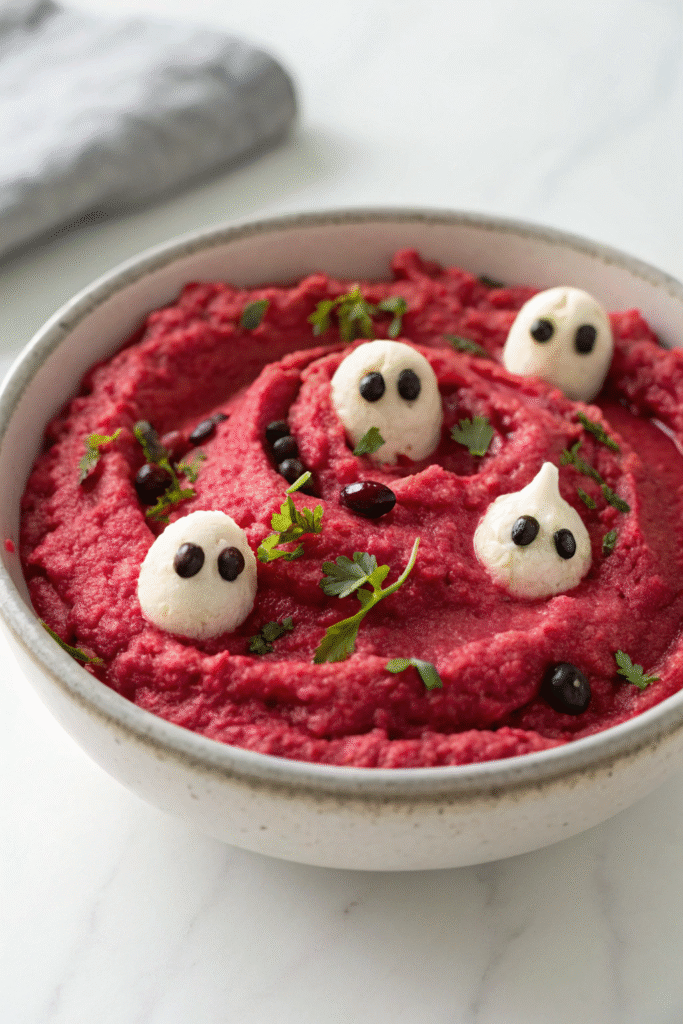 7 Best Spooky Halloween Party Appetizers 5 A bowl of Bloody Beet Hummus decorated with ghost-shaped olives and herbs, perfect for a Halloween party.