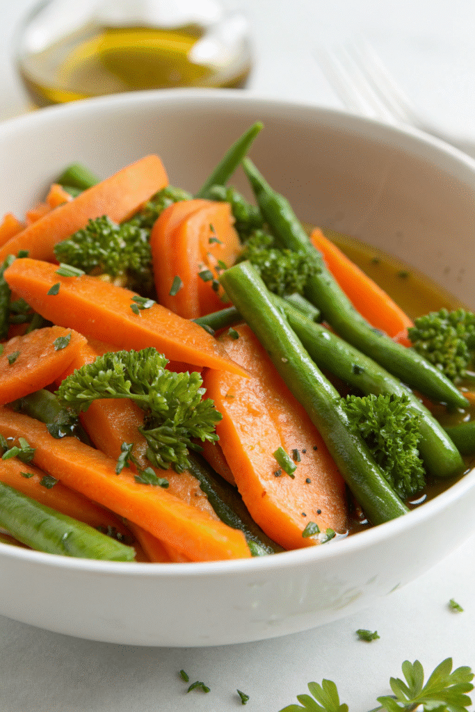 A bowl of chopped carrots and green beans garnished with parsley.