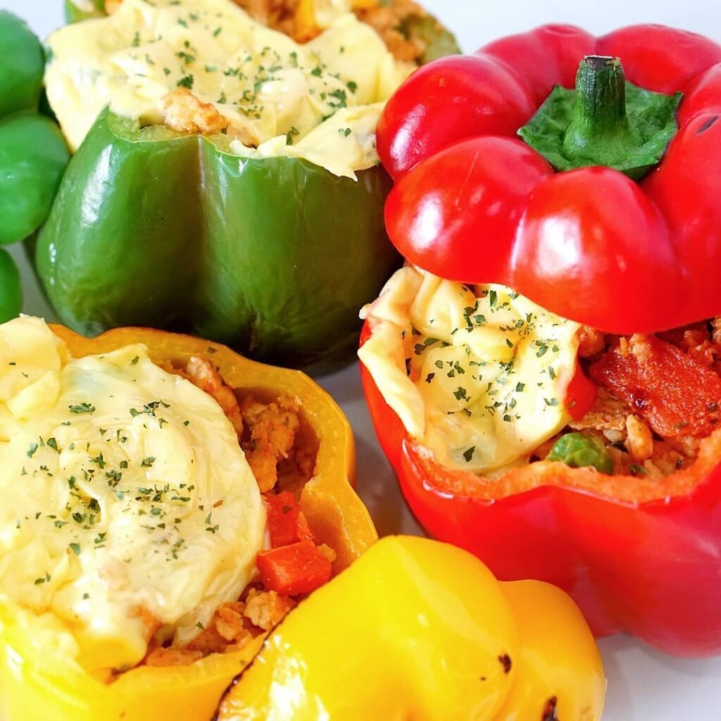 Cheesy ground chicken stuffed peppers on a plate