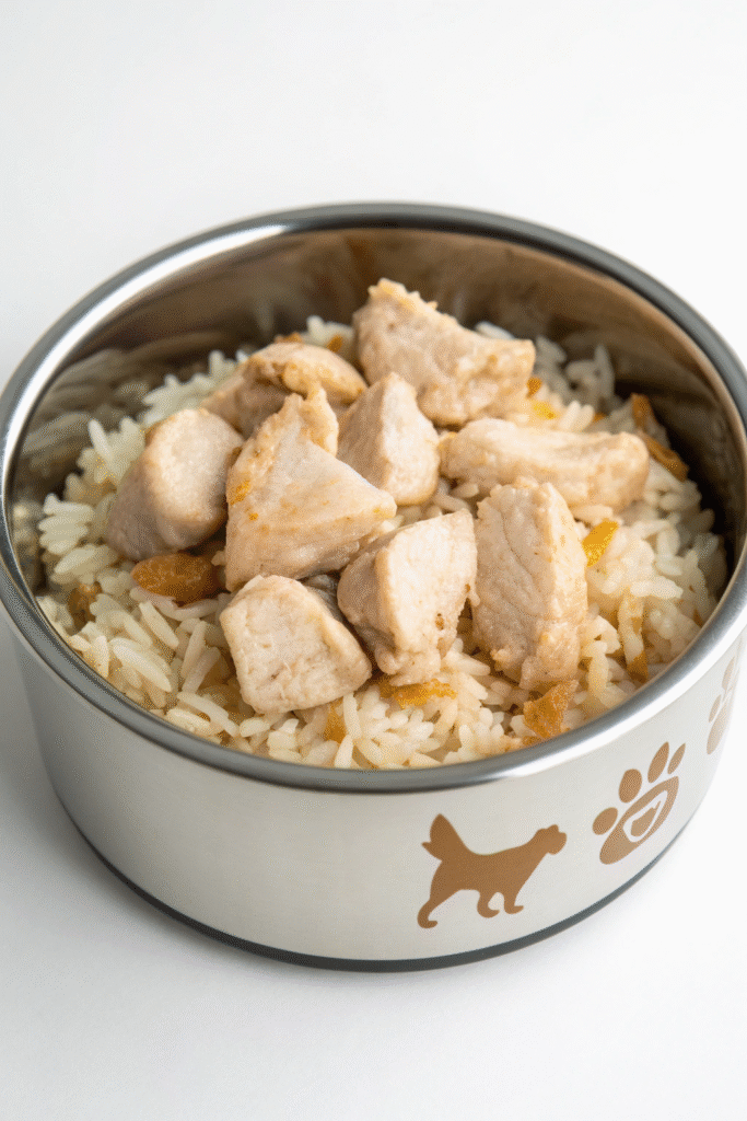 A happy dog next to a bowl of chicken and rice.