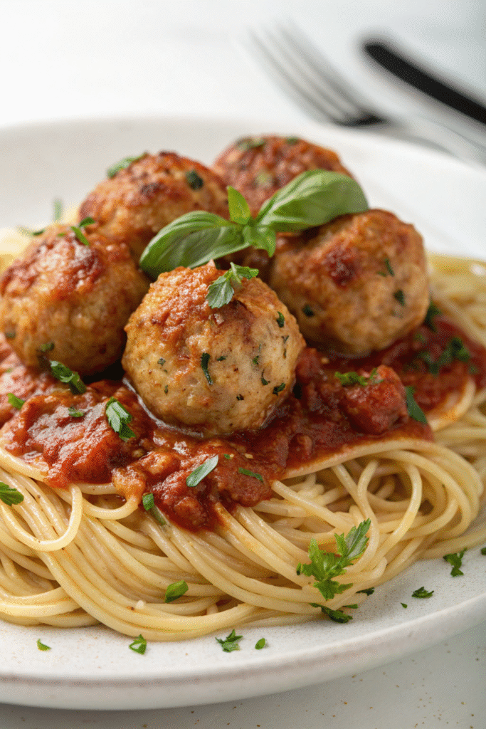 A bowl of spaghetti topped with ground chicken meatballs and marinara sauce, garnished with parsley.