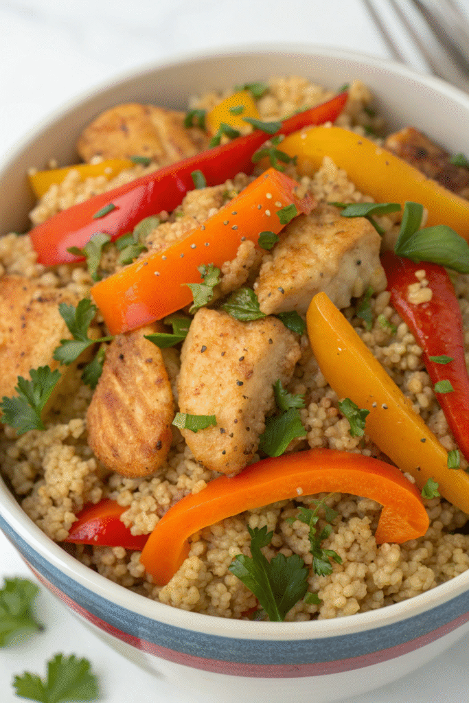 A delicious chicken and quinoa bowl for dogs, featuring diced chicken, quinoa, and colorful vegetables.