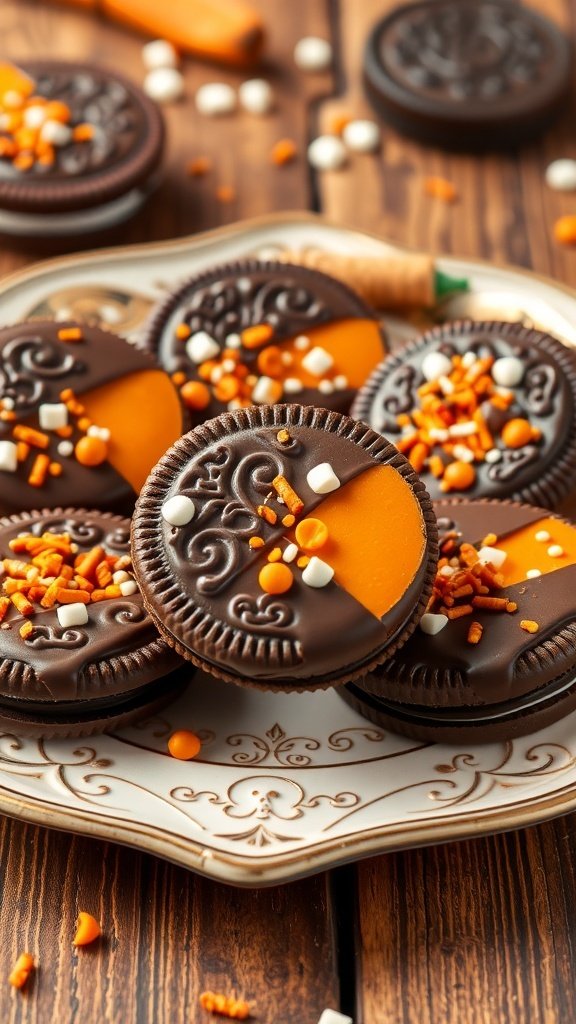 12 Best Halloween Desserts 6 A plate of chocolate-dipped pumpkin spice Oreos decorated with sprinkles, perfect for Halloween.