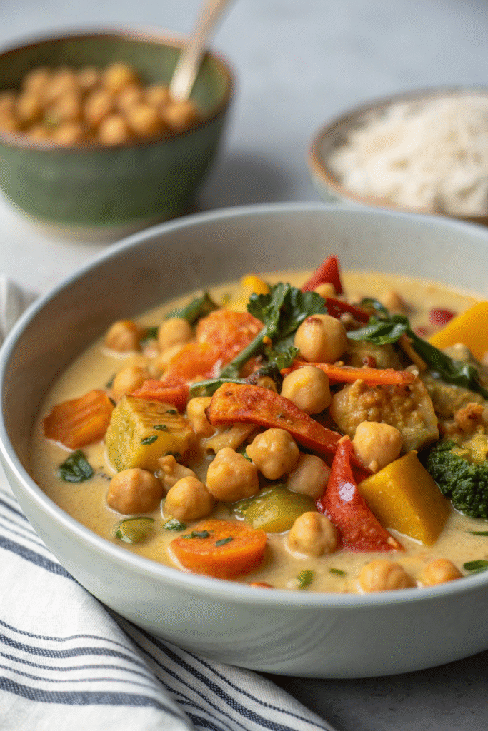 A bowl of coconut curry chickpeas served with rice on a wooden table