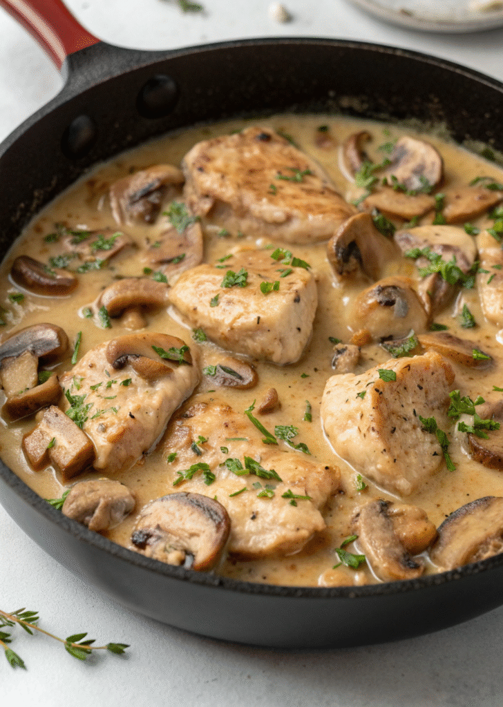 Creamy garlic chicken and mushroom skillet with parsley garnish