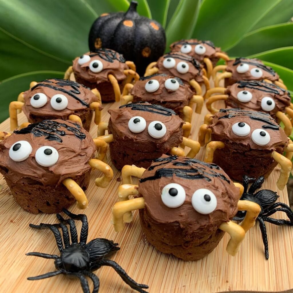 12 Best Halloween Desserts 12 A tray of creepy crawly brownie bites decorated with chocolate spiders and colorful sprinkles.