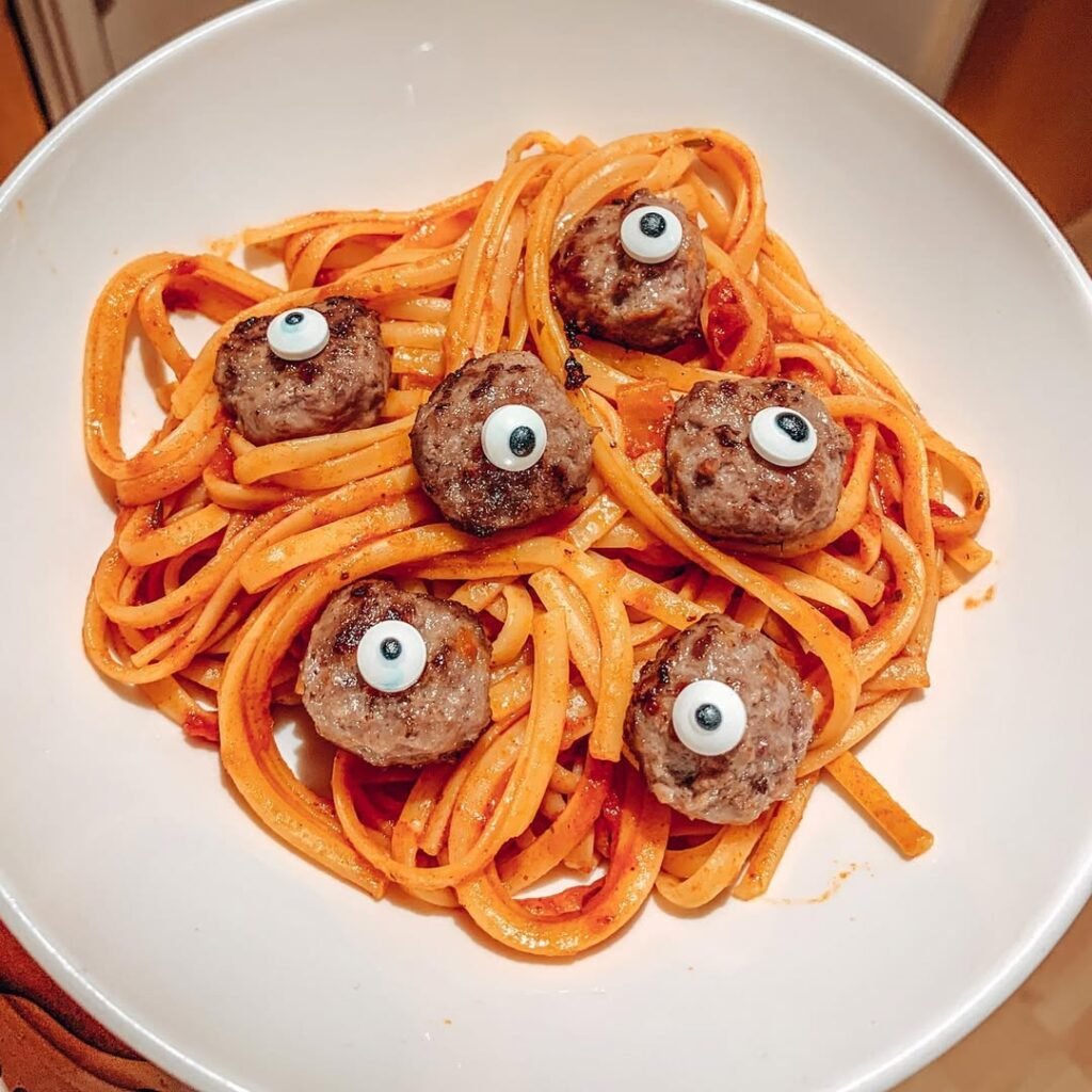 7 Best Spooky Halloween Party Appetizers 3 A bowl of Eyeball Pasta Salad with colorful rotini, cherry tomatoes, black olives, and candy eyeballs, perfect for Halloween.