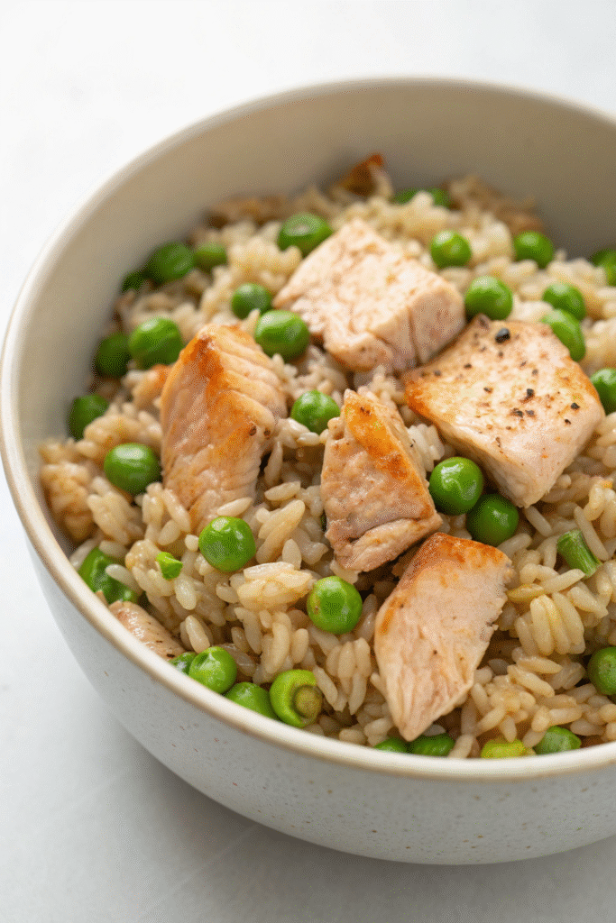 A bowl of fish and brown rice with peas and a slice of lemon on top.