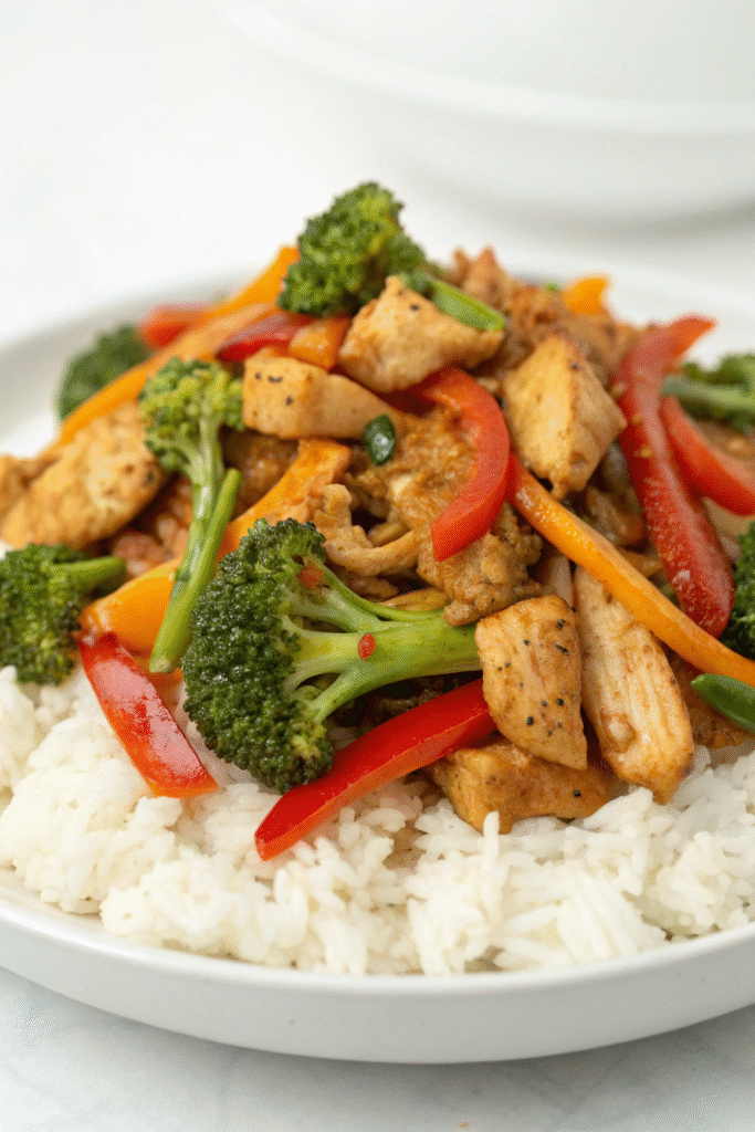 A colorful stir-fry with ground chicken and assorted vegetables in a black wok.