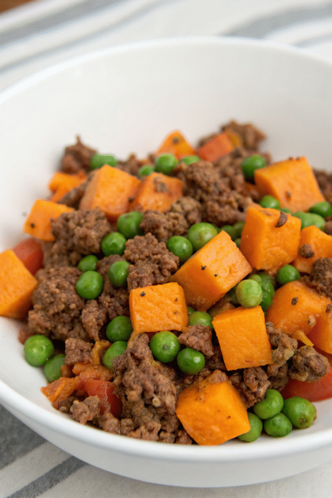 A bowl of lamb and vegetable medley for dogs, featuring diced lamb and colorful vegetables.