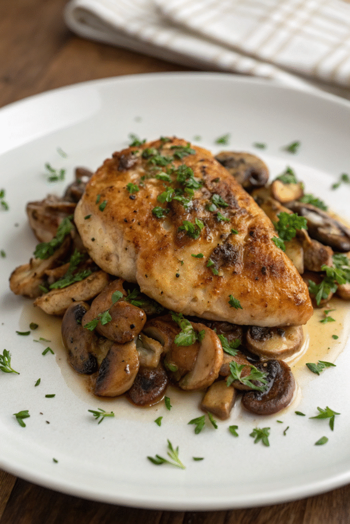 Plate of Lemon Herb Chicken with Sautéed Mushrooms, garnished with lemon slices and parsley.