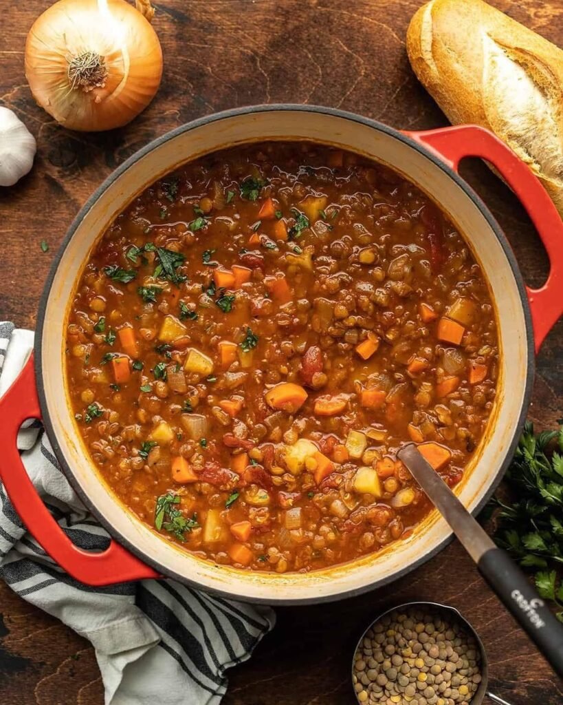 A bowl of savory lentil soup with fresh herbs and slices of bread