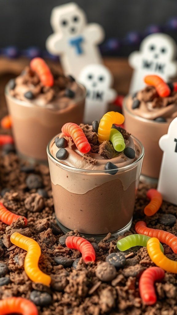 12 Best Halloween Desserts 3 Graveyard Chocolate Mousse Cups with gummy worms and ghost decorations.