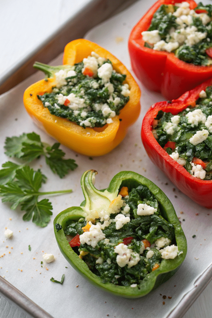 Colorful stuffed bell peppers filled with spinach and feta cheese