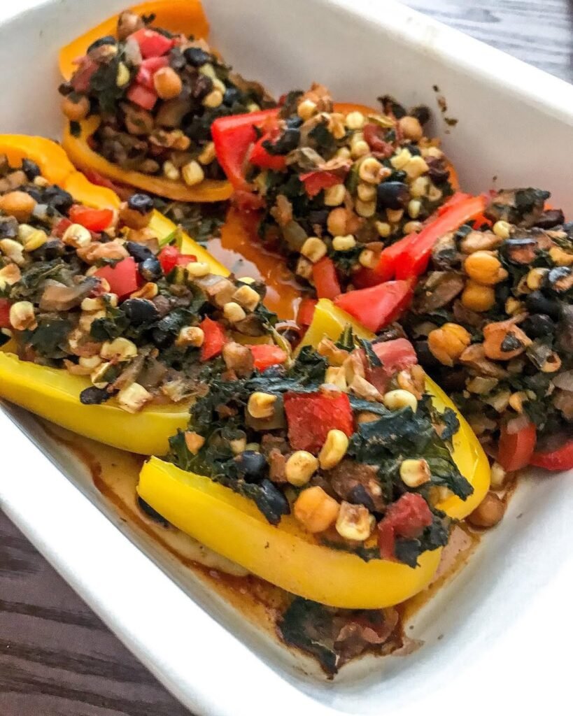 Colorful stuffed bell peppers filled with quinoa and black beans