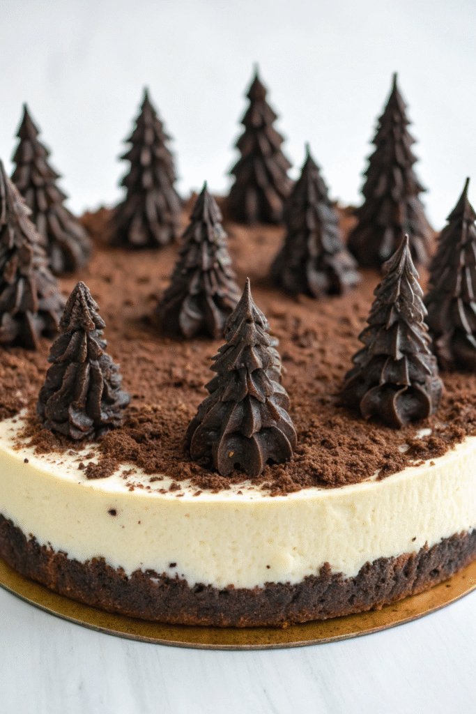 12 Best Halloween Desserts 10 A spooky cheesecake decorated with chocolate trees and Halloween-themed candies.