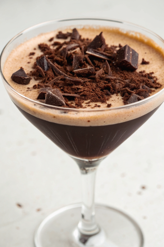 A dark chocolate cocktail garnished with chocolate shavings, set against a spooky Halloween backdrop.