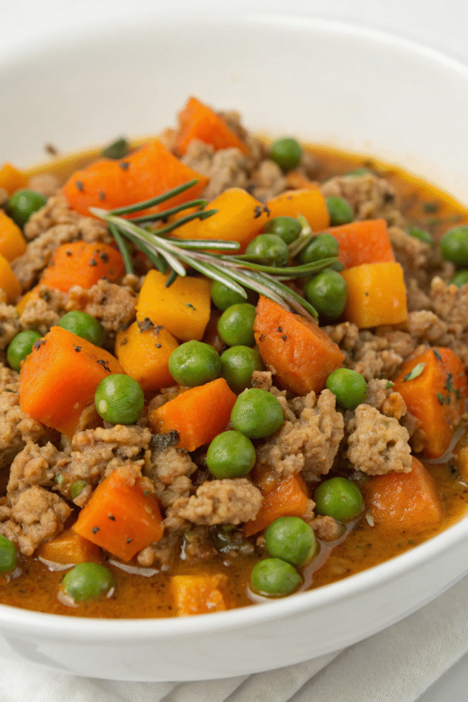 A delicious turkey and pumpkin casserole for dogs, featuring chunks of turkey and pumpkin in a red dish.